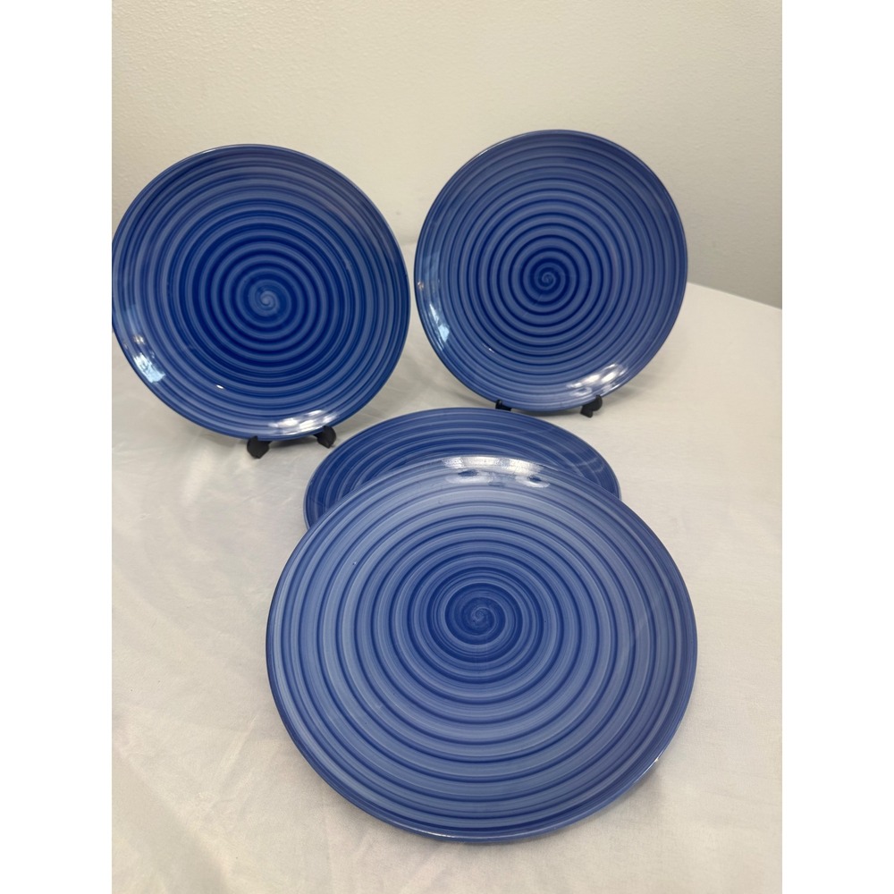 Swirl Hand Painted Collection Blue Dinner Plates Set of 4 Cobalt Stoneware
